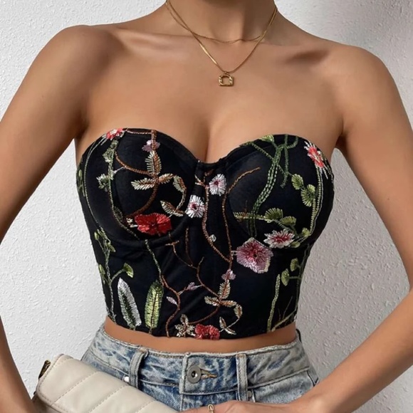 Tops - Floral Print Embroidered Corset Cropped Top